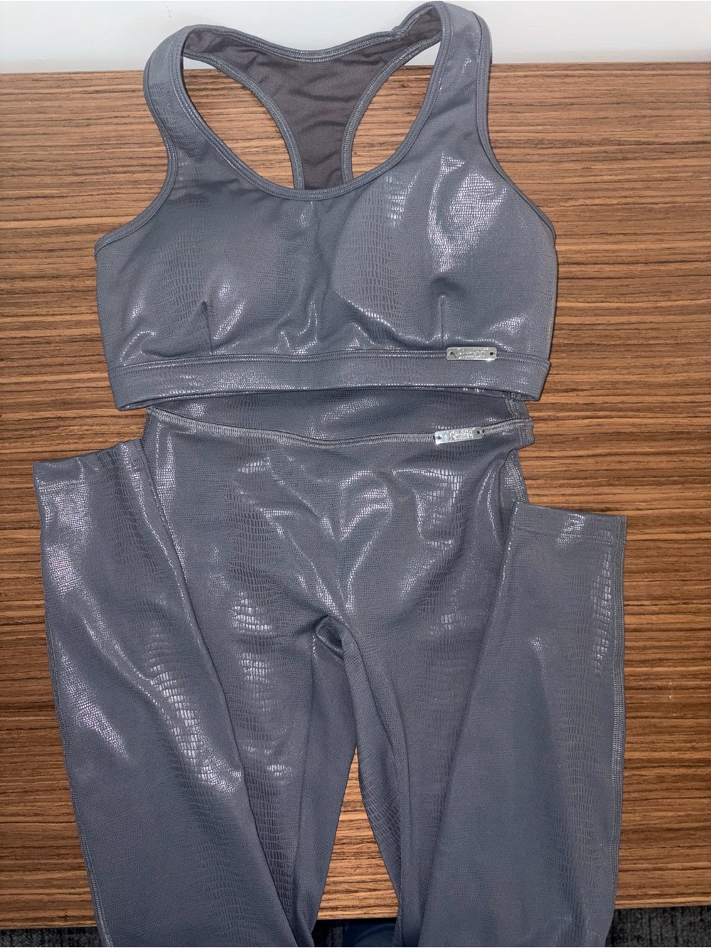 Bombshell Sportswear Shimmery Grey Leggings & Sports Bra Set XS